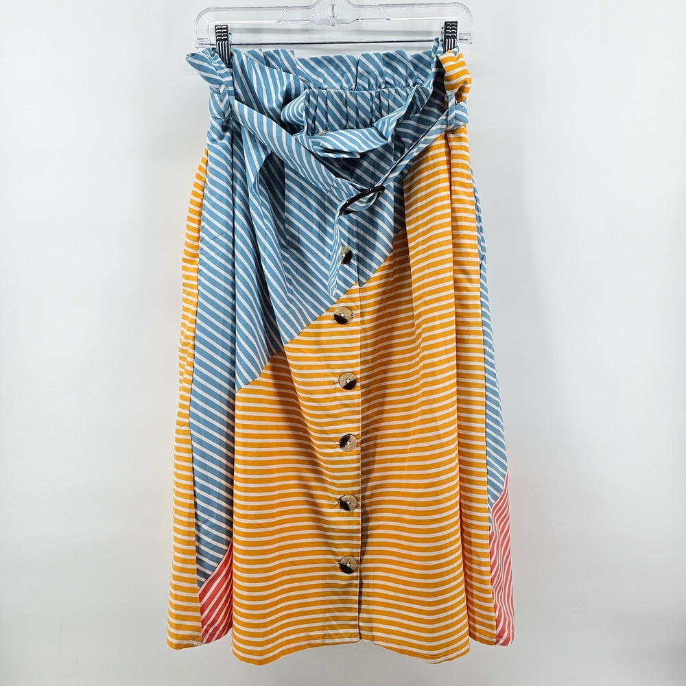 Her Destiny Striped Colorblock Skirt Medium Yellow Blue Paperbag Waist NWOT